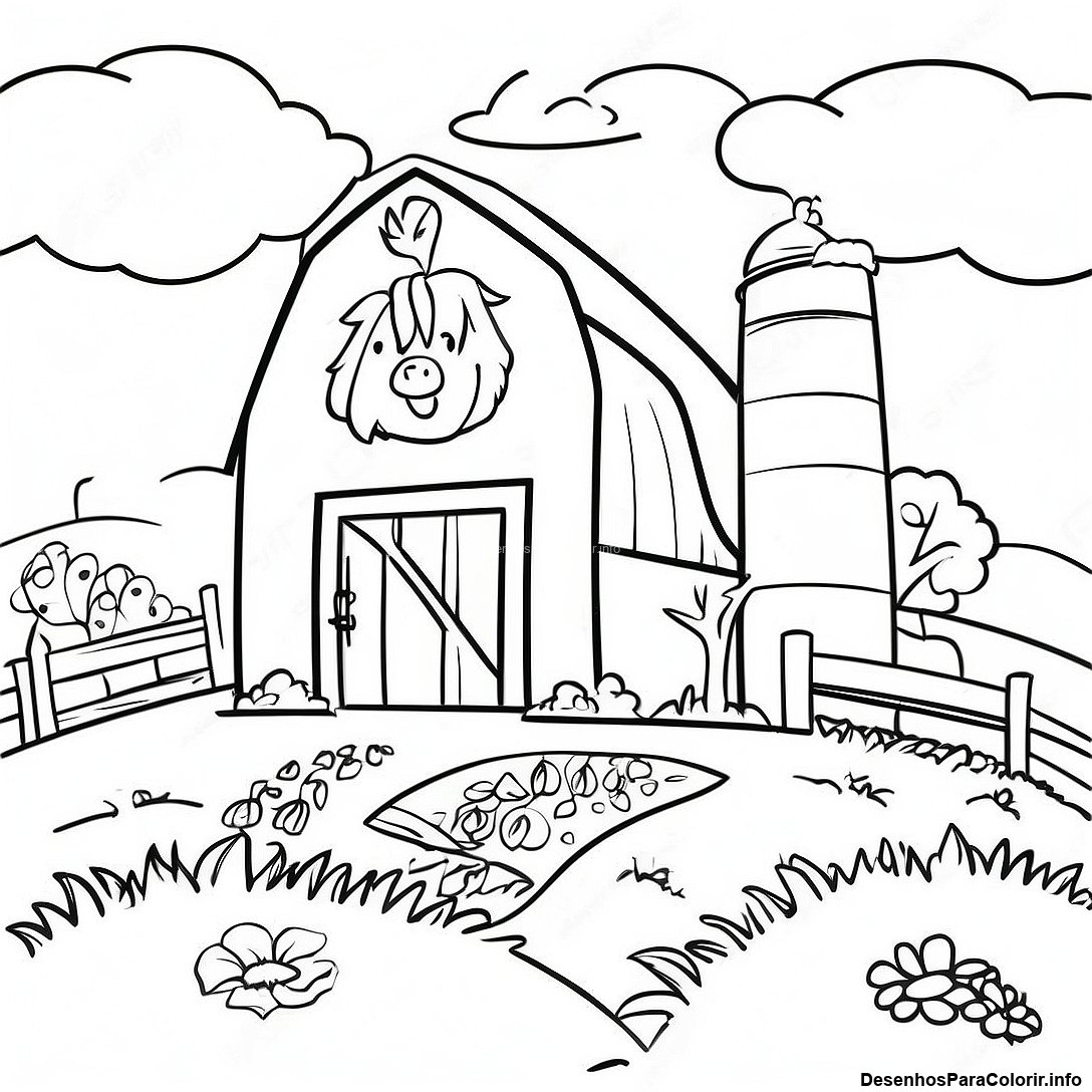 Página de colorir imprimível grátis Cena De Fazenda Realista Para Colorir da coleção Diversos — desenho em preto e branco para crianças e adultos.