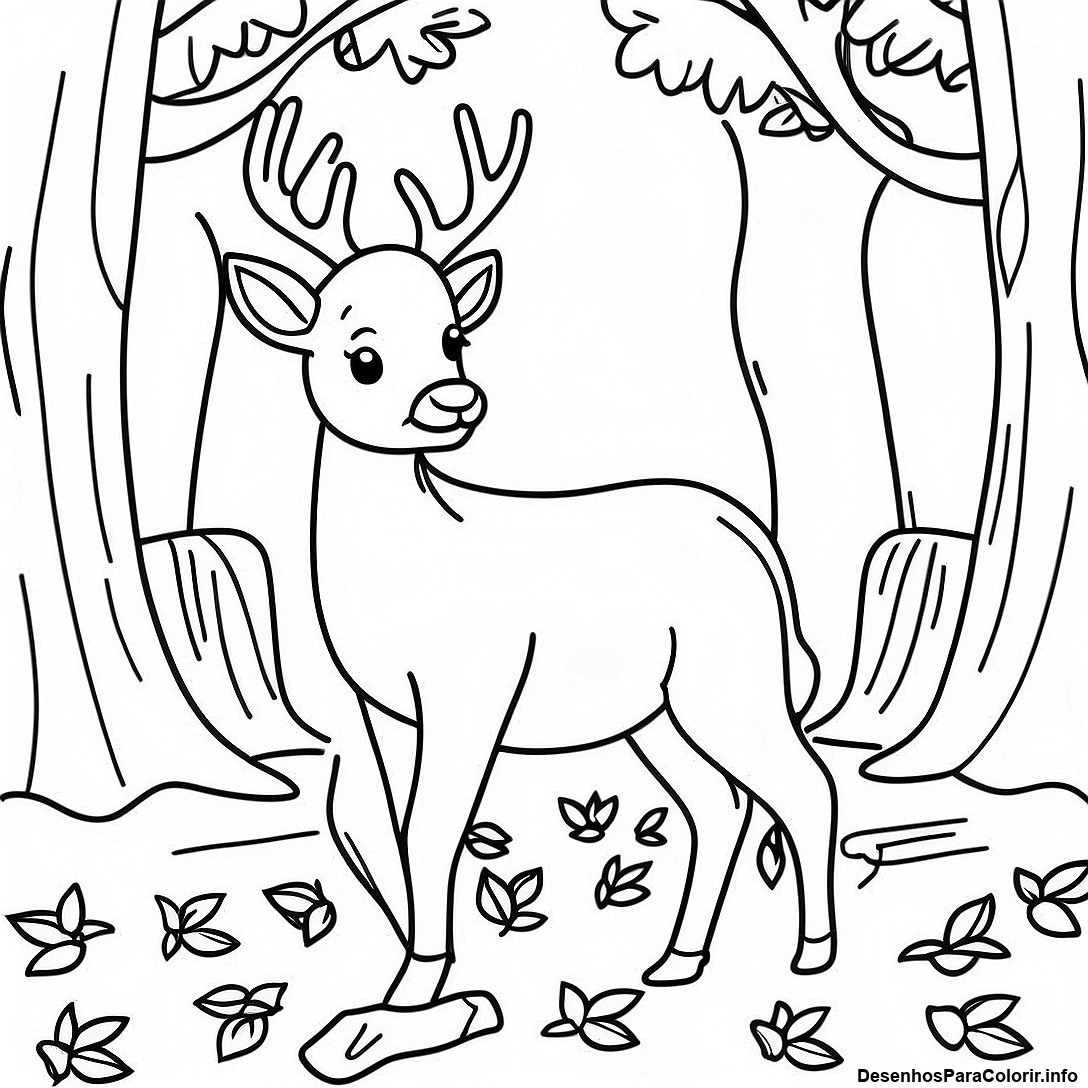 Página de colorir imprimível grátis Cervo Realista Em Folhas De Outono Página Para Colorir da coleção Animais — desenho em preto e branco para crianças e adultos.