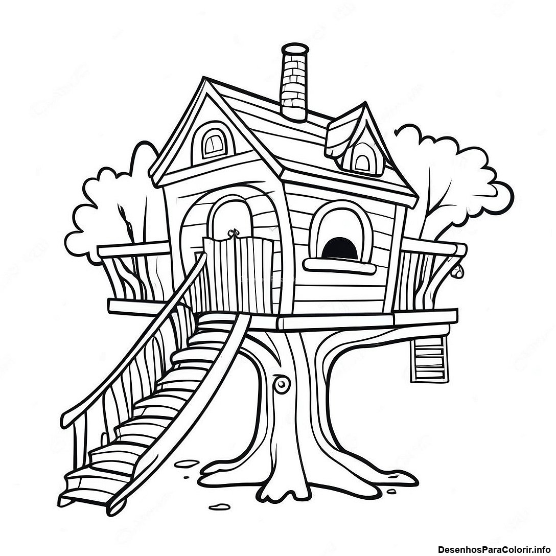 Página de colorir imprimível grátis Desenho Para Colorir Da Casa Na Árvore Colorida Com Um Escorregador da coleção Natureza — desenho em preto e branco para crianças e adultos.