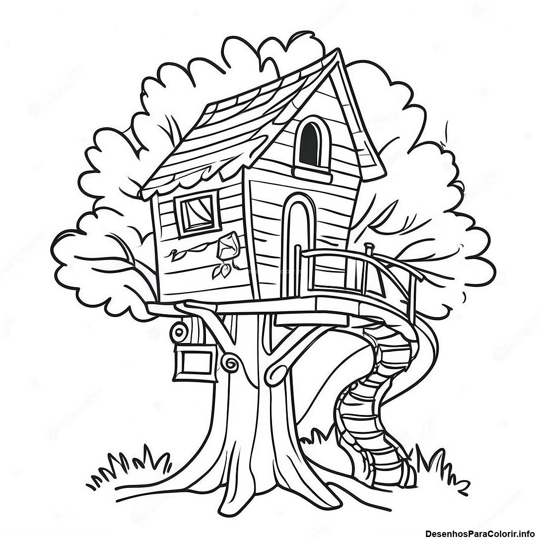 Página de colorir imprimível grátis Desenho Para Colorir Da Casa Na Árvore Colorida Com Um Escorregador da coleção Natureza — desenho em preto e branco para crianças e adultos.