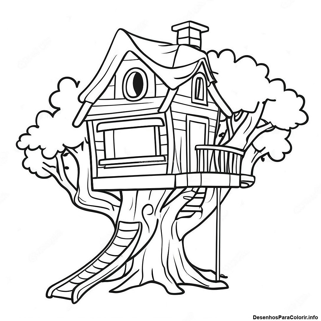 Página de colorir imprimível grátis Desenho Para Colorir Da Casa Na Árvore Colorida Com Um Escorregador da coleção Natureza — desenho em preto e branco para crianças e adultos.