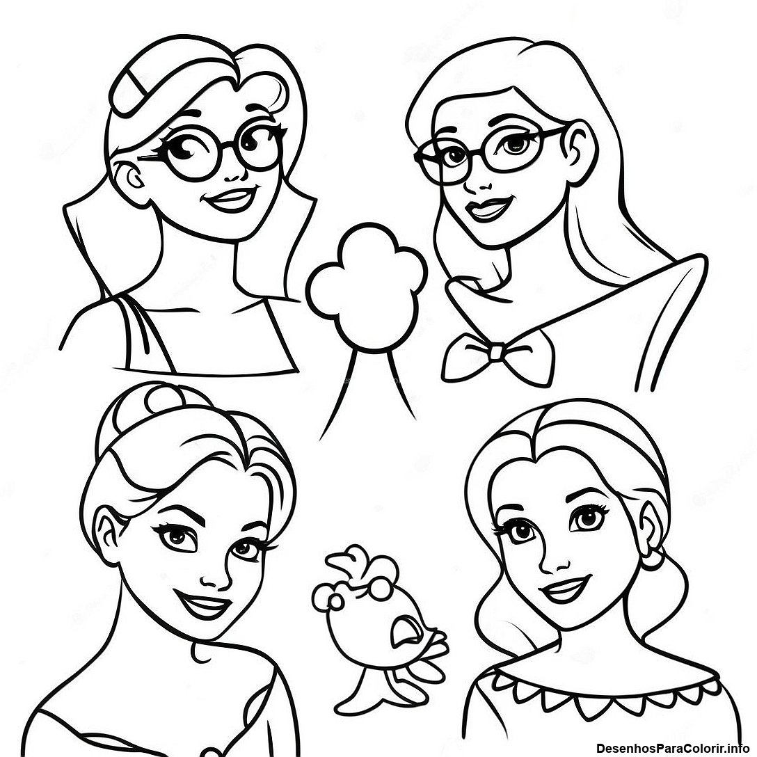 Página de colorir imprimível grátis Desenho Para Colorir De Princesas Da Disney Hipster Vintage da coleção Disney — desenho em preto e branco para crianças e adultos.