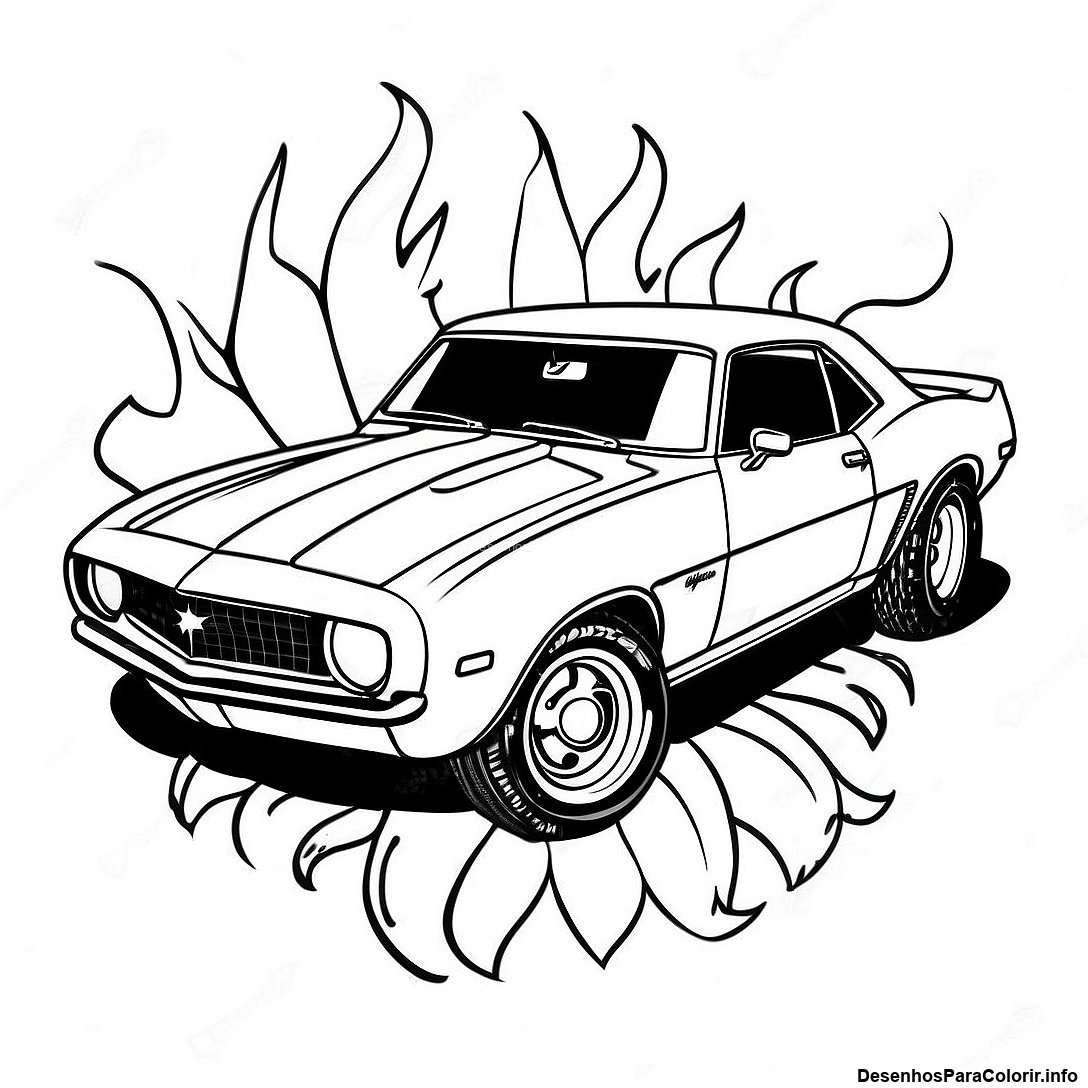 Página de colorir imprimível grátis Desenho Para Colorir Do Camaro Vintage Com Chamas da coleção Carros — desenho em preto e branco para crianças e adultos.