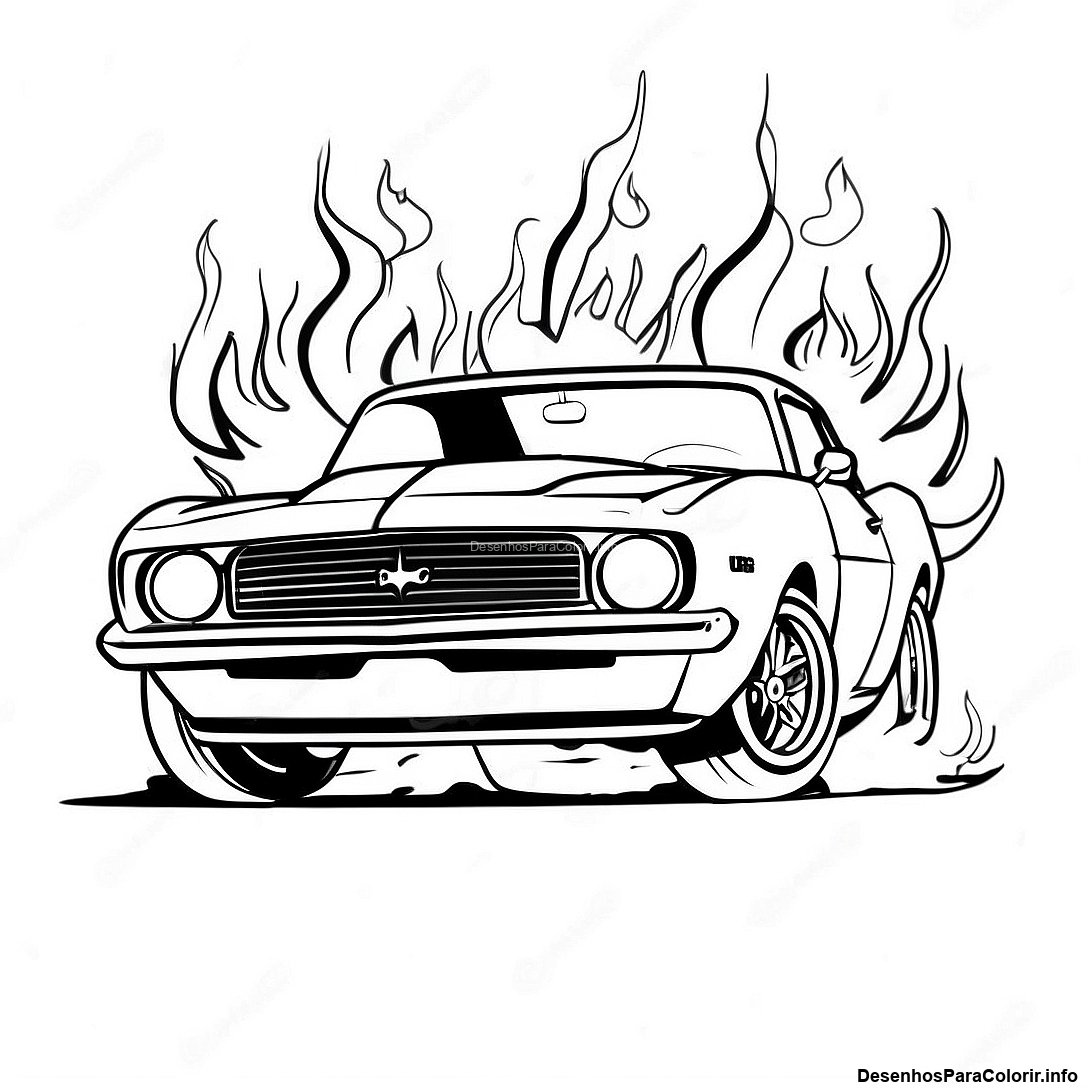 Página de colorir imprimível grátis Desenho Para Colorir Do Camaro Vintage Com Chamas da coleção Carros — desenho em preto e branco para crianças e adultos.