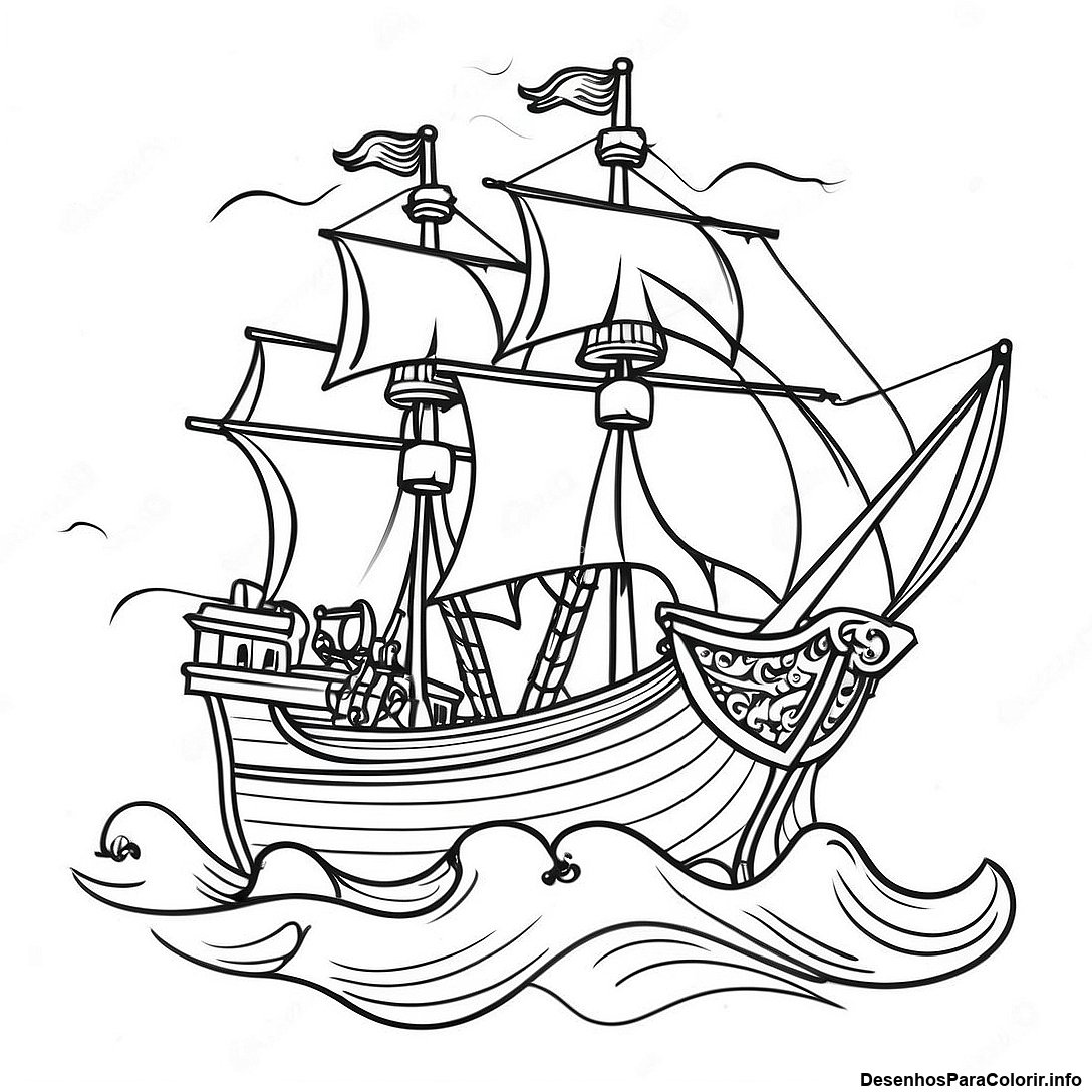 Página de colorir imprimível grátis Navio Pirata Vintage Em Mares Tempestuosos Página Para Colorir da coleção Máquinas — desenho em preto e branco para crianças e adultos.