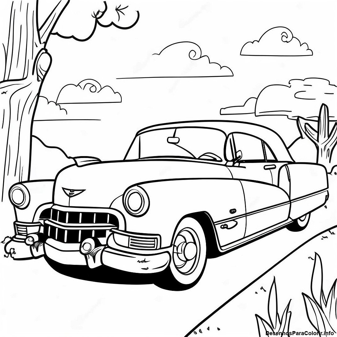 Página de colorir imprimível grátis Página Para Colorir Cadillac Vintage Em Uma Paisagem Cênica da coleção Carros — desenho em preto e branco para crianças e adultos.