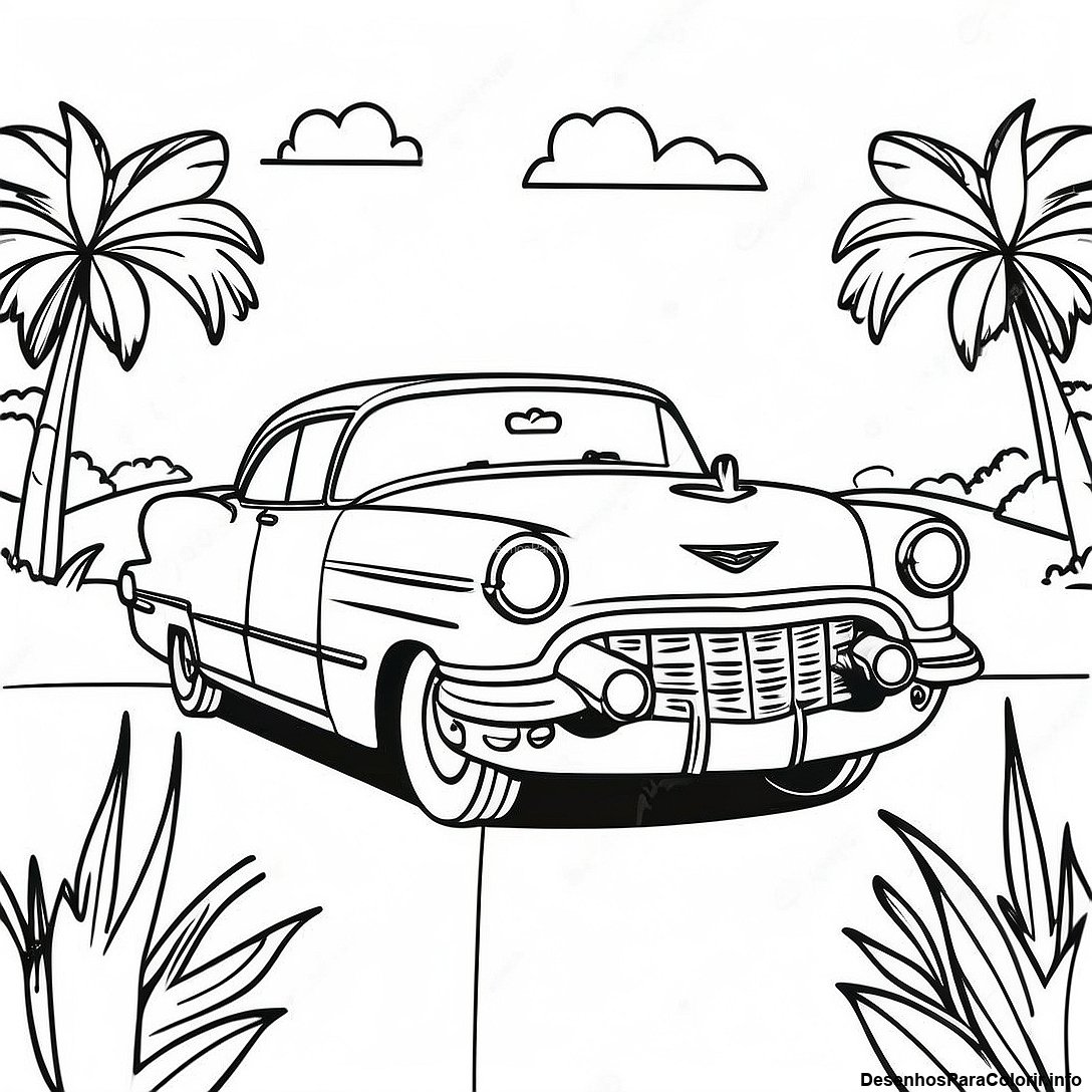 Página de colorir imprimível grátis Página Para Colorir Cadillac Vintage Em Uma Paisagem Cênica da coleção Carros — desenho em preto e branco para crianças e adultos.