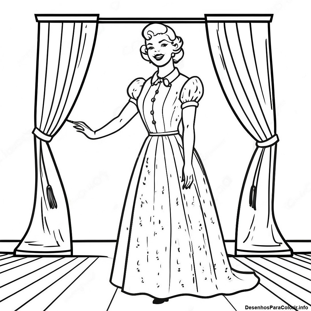 Página de colorir imprimível grátis Página Para Colorir Da Mulher Da Tv Clássica Em Vestido Vintage da coleção Programas de TV para Crianças — desenho em preto e branco para crianças e adultos.