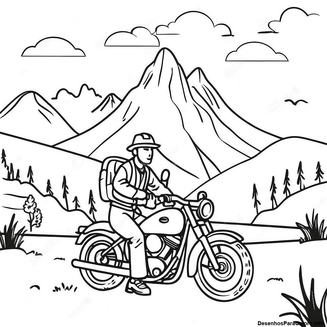Página de colorir imprimível grátis Página Para Colorir Da Paisagem De Montanha Colorida Com Ciclista da coleção Esportes — desenho em preto e branco para crianças e adultos.