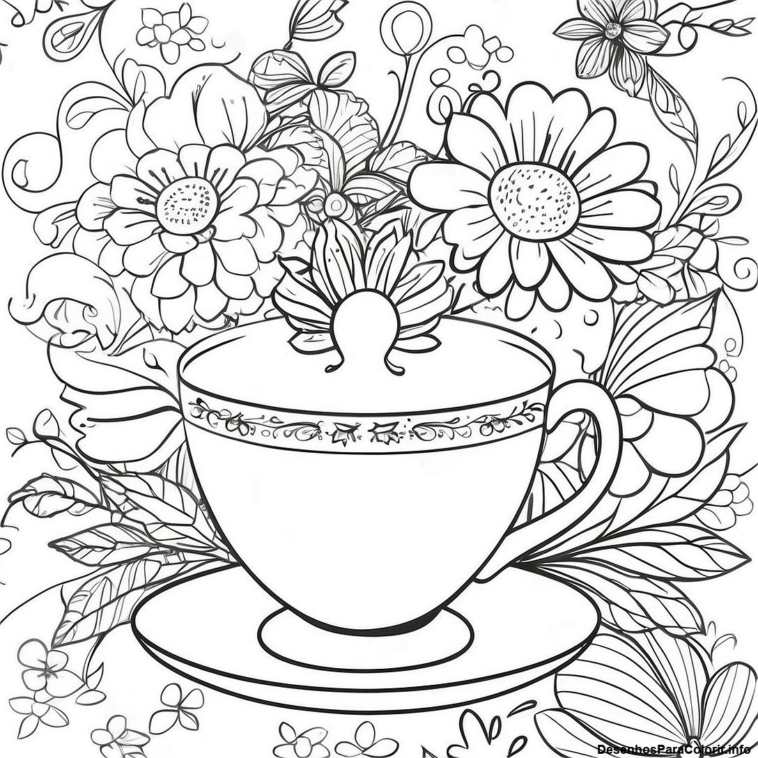 Página de colorir imprimível grátis Página Para Colorir Da Xícara De Chá Vintage da coleção Diversos — desenho em preto e branco para crianças e adultos.