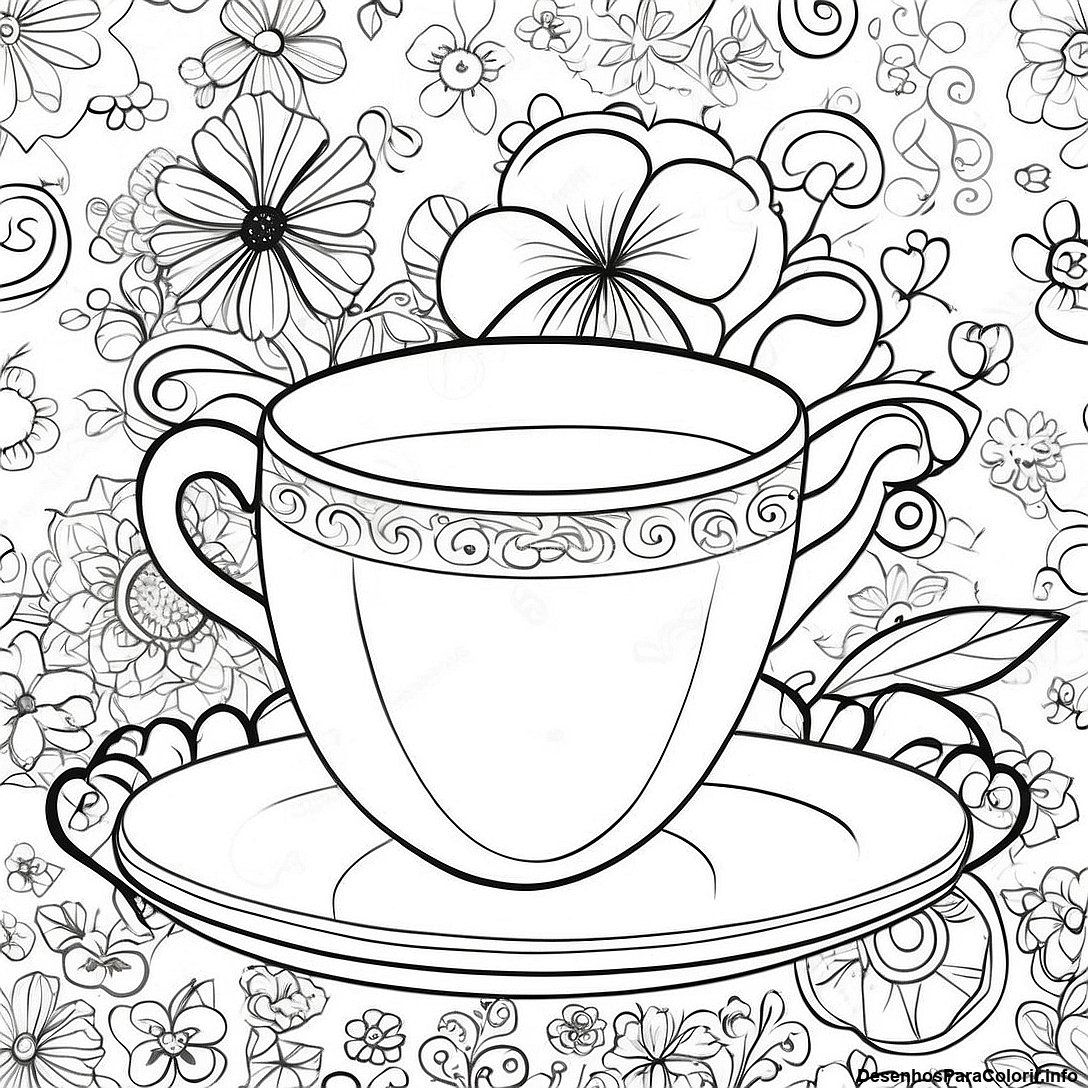 Página de colorir imprimível grátis Página Para Colorir Da Xícara De Chá Vintage da coleção Diversos — desenho em preto e branco para crianças e adultos.