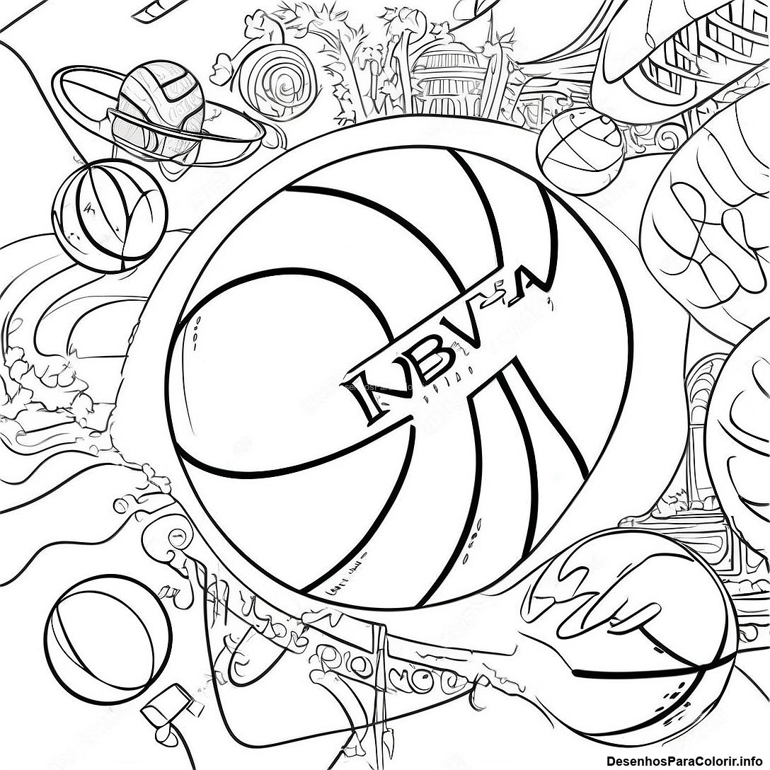 Página de colorir imprimível grátis Página Para Colorir De Basquete Vintage Da Nba da coleção Esportes — desenho em preto e branco para crianças e adultos.