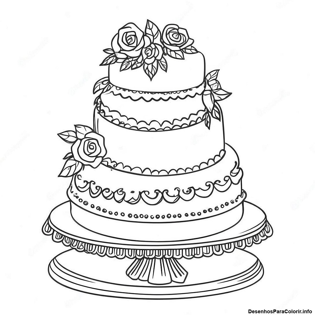 Página de colorir imprimível grátis Página Para Colorir De Bolo De Casamento Vintage da coleção Comida — desenho em preto e branco para crianças e adultos.