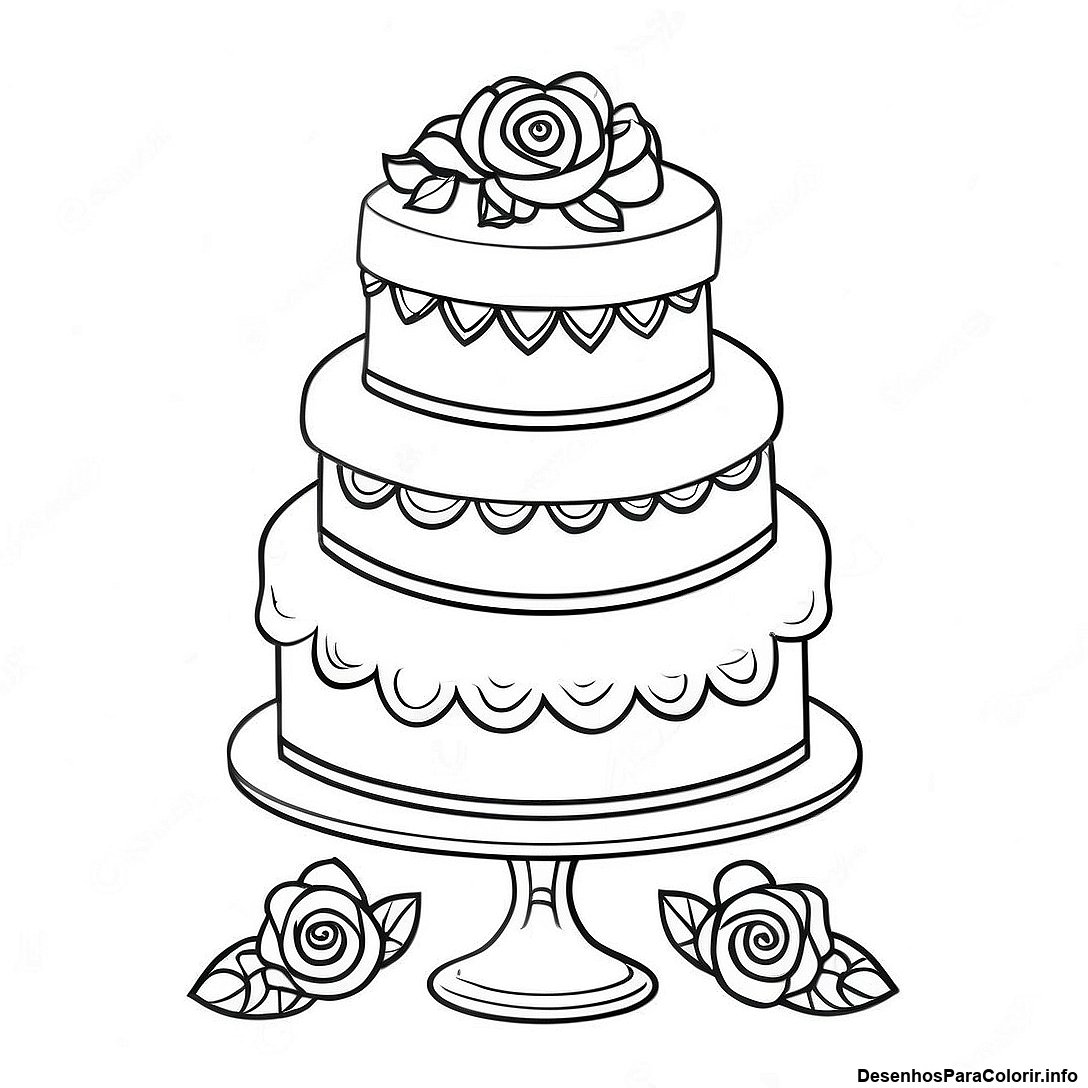Página de colorir imprimível grátis Página Para Colorir De Bolo De Casamento Vintage da coleção Comida — desenho em preto e branco para crianças e adultos.