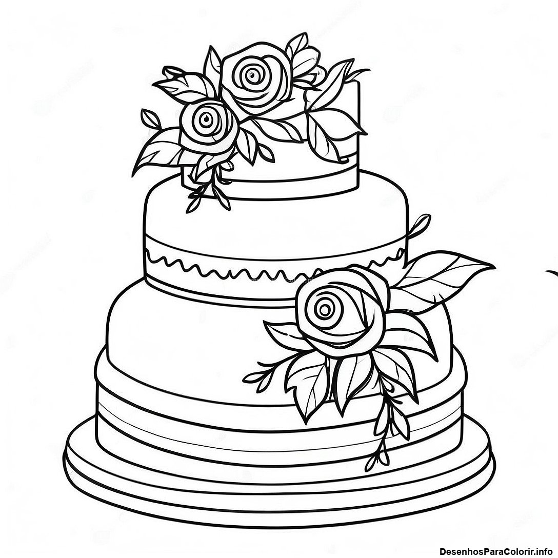 Página de colorir imprimível grátis Página Para Colorir De Bolo De Casamento Vintage da coleção Comida — desenho em preto e branco para crianças e adultos.