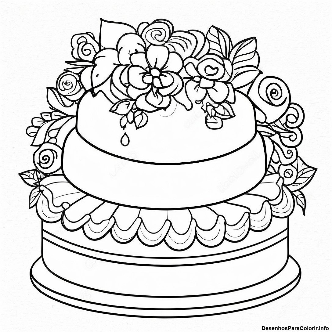 Página de colorir imprimível grátis Página Para Colorir De Bolo De Casamento Vintage da coleção Comida — desenho em preto e branco para crianças e adultos.