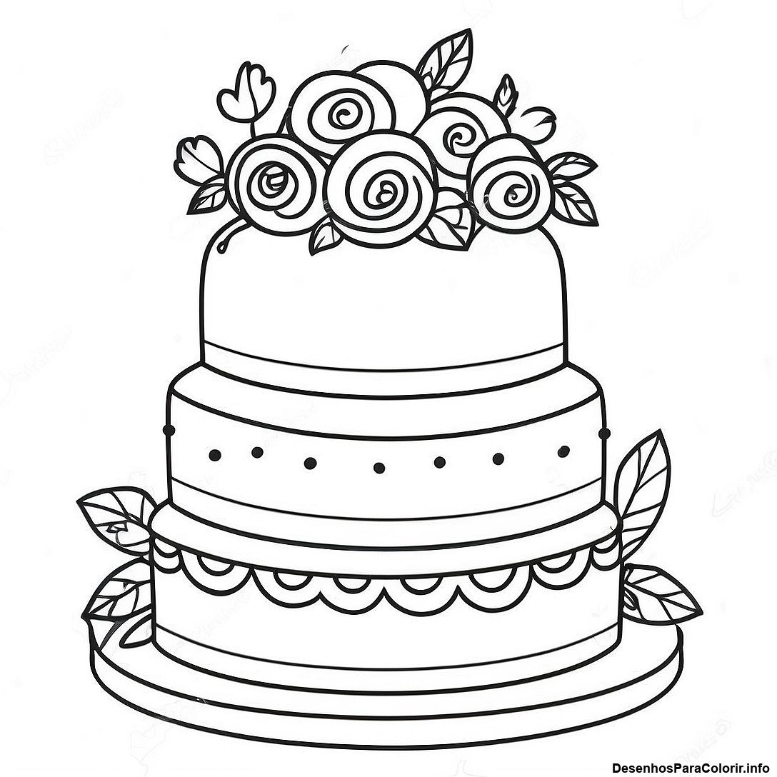 Página de colorir imprimível grátis Página Para Colorir De Bolo De Casamento Vintage da coleção Comida — desenho em preto e branco para crianças e adultos.