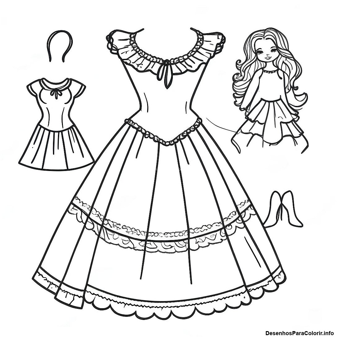 Página de colorir imprimível grátis Página Para Colorir De Boneca De Papel Vintage da coleção Para Meninas — desenho em preto e branco para crianças e adultos.