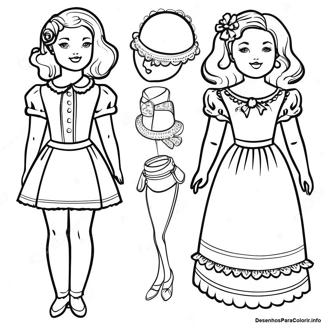Página de colorir imprimível grátis Página Para Colorir De Boneca De Papel Vintage da coleção Para Meninas — desenho em preto e branco para crianças e adultos.