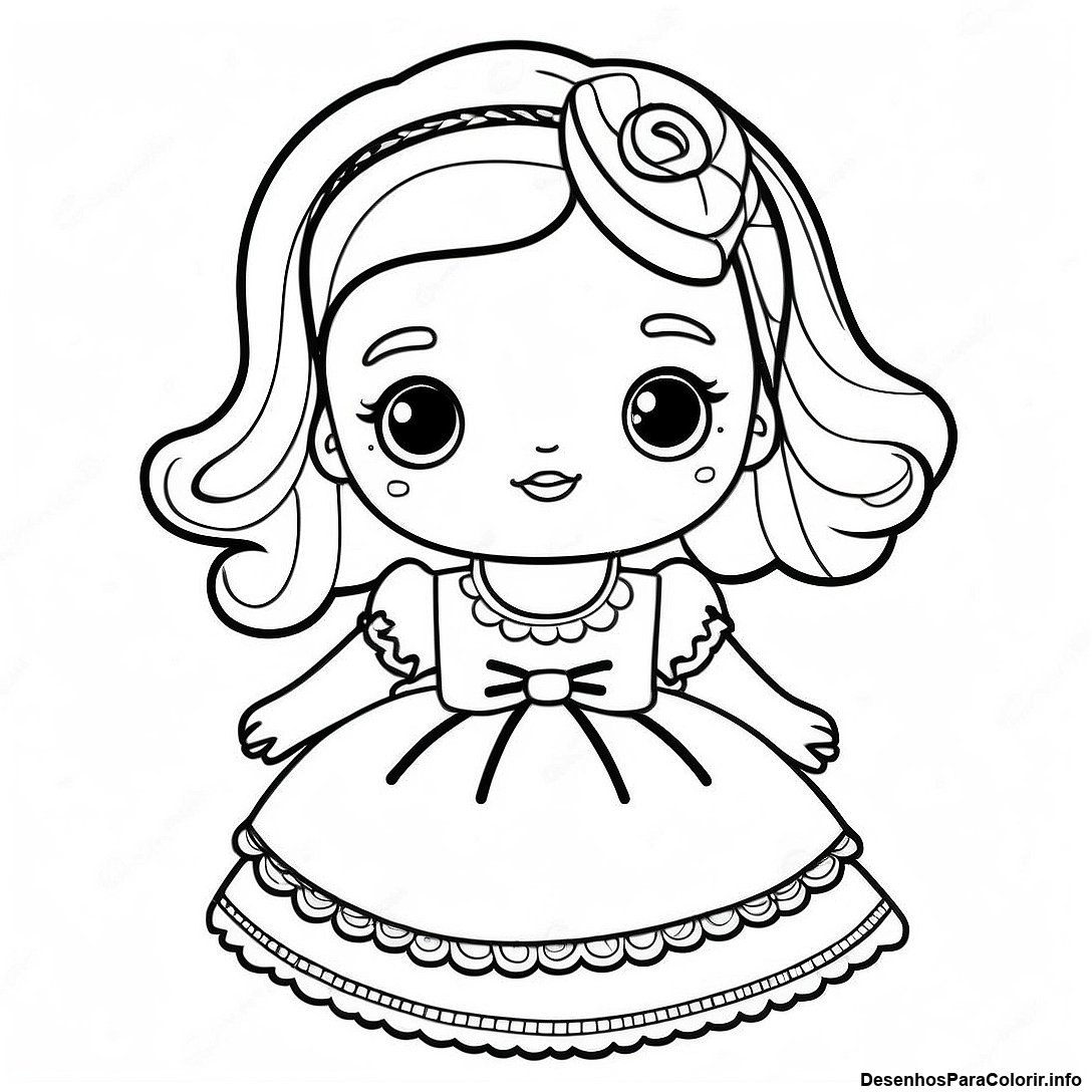 Página de colorir imprimível grátis Página Para Colorir De Boneca Vintage Em Um Vestido da coleção Brinquedos — desenho em preto e branco para crianças e adultos.