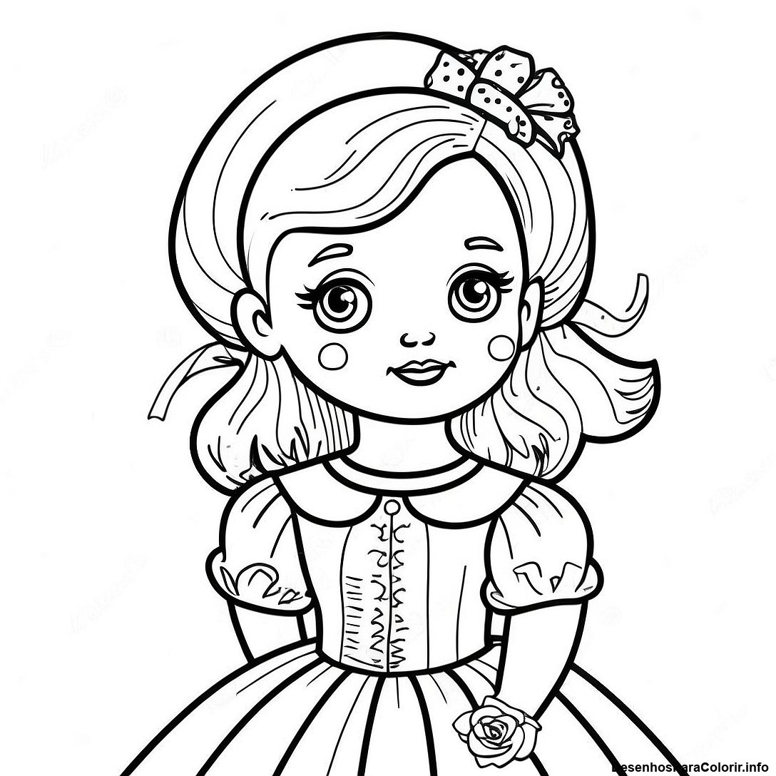 Página de colorir imprimível grátis Página Para Colorir De Boneca Vintage Em Um Vestido da coleção Brinquedos — desenho em preto e branco para crianças e adultos.