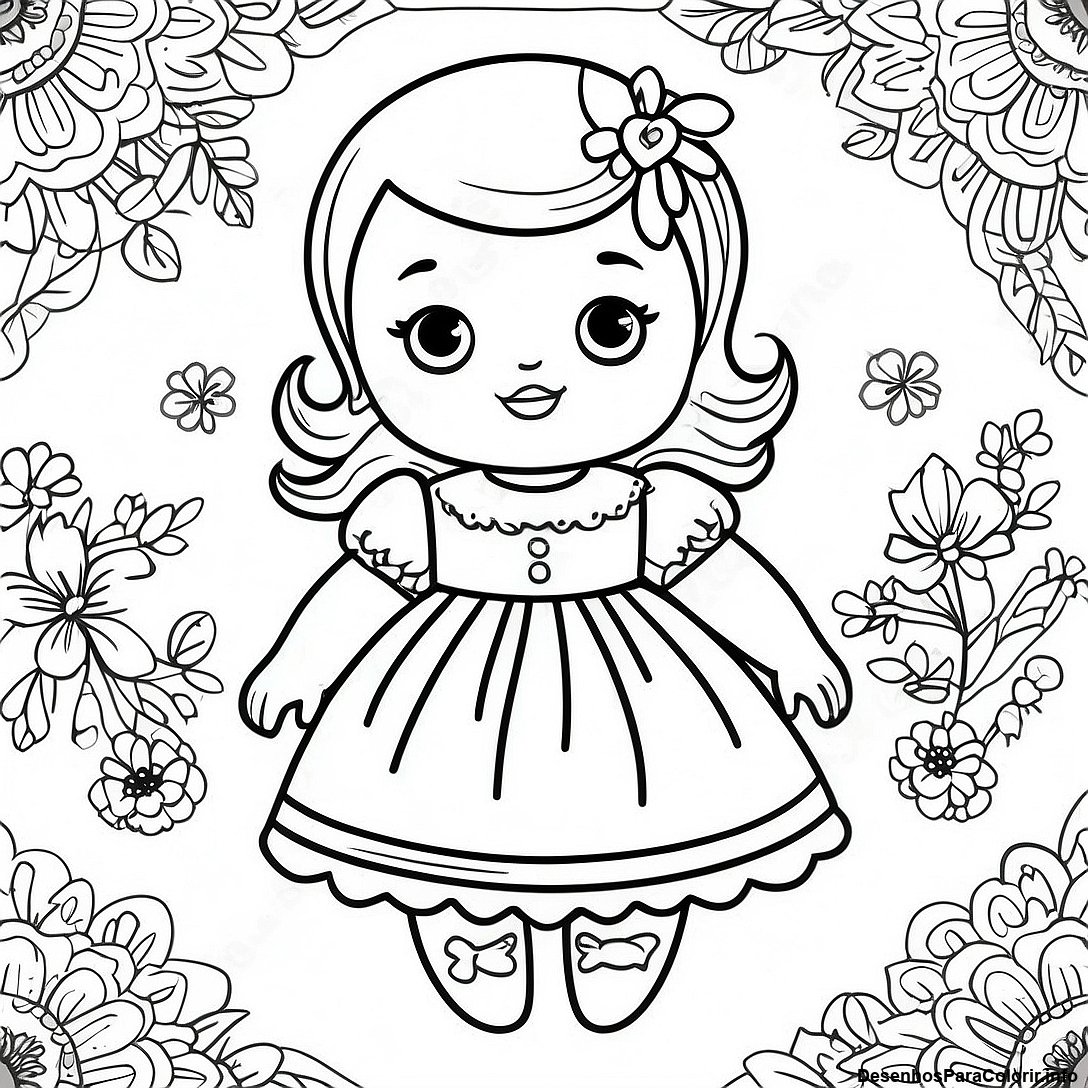 Página de colorir imprimível grátis Página Para Colorir De Boneca Vintage Em Um Vestido da coleção Brinquedos — desenho em preto e branco para crianças e adultos.