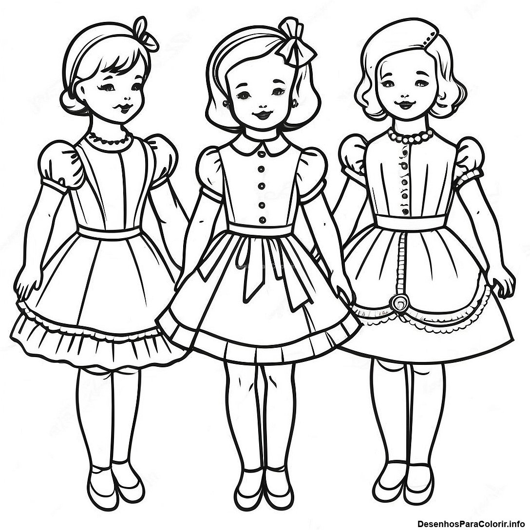 Página de colorir imprimível grátis Página Para Colorir De Bonecas De Papel Vintage da coleção Diversos — desenho em preto e branco para crianças e adultos.