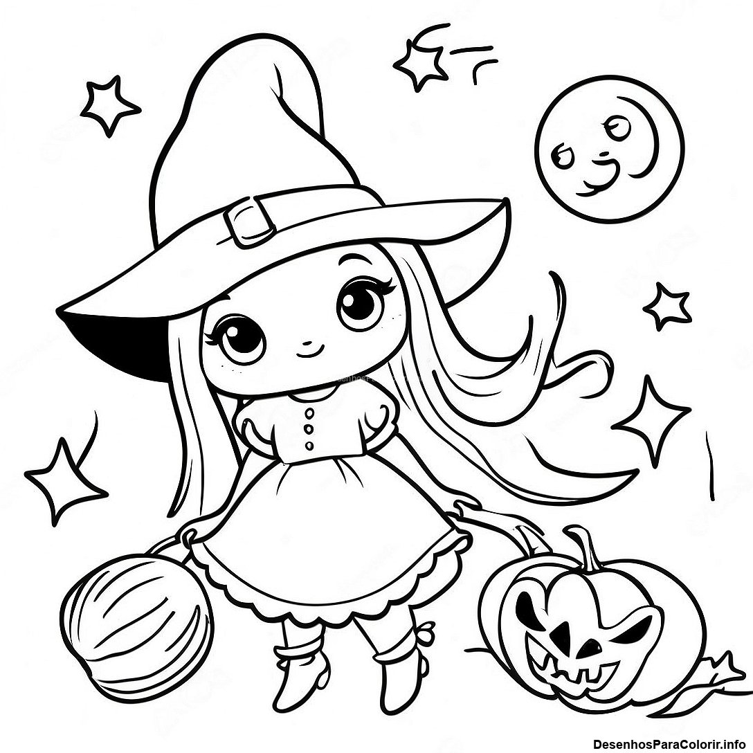 Página de colorir imprimível grátis Página Para Colorir De Bruxa Vintage De Halloween Encantadora da coleção Halloween — desenho em preto e branco para crianças e adultos.