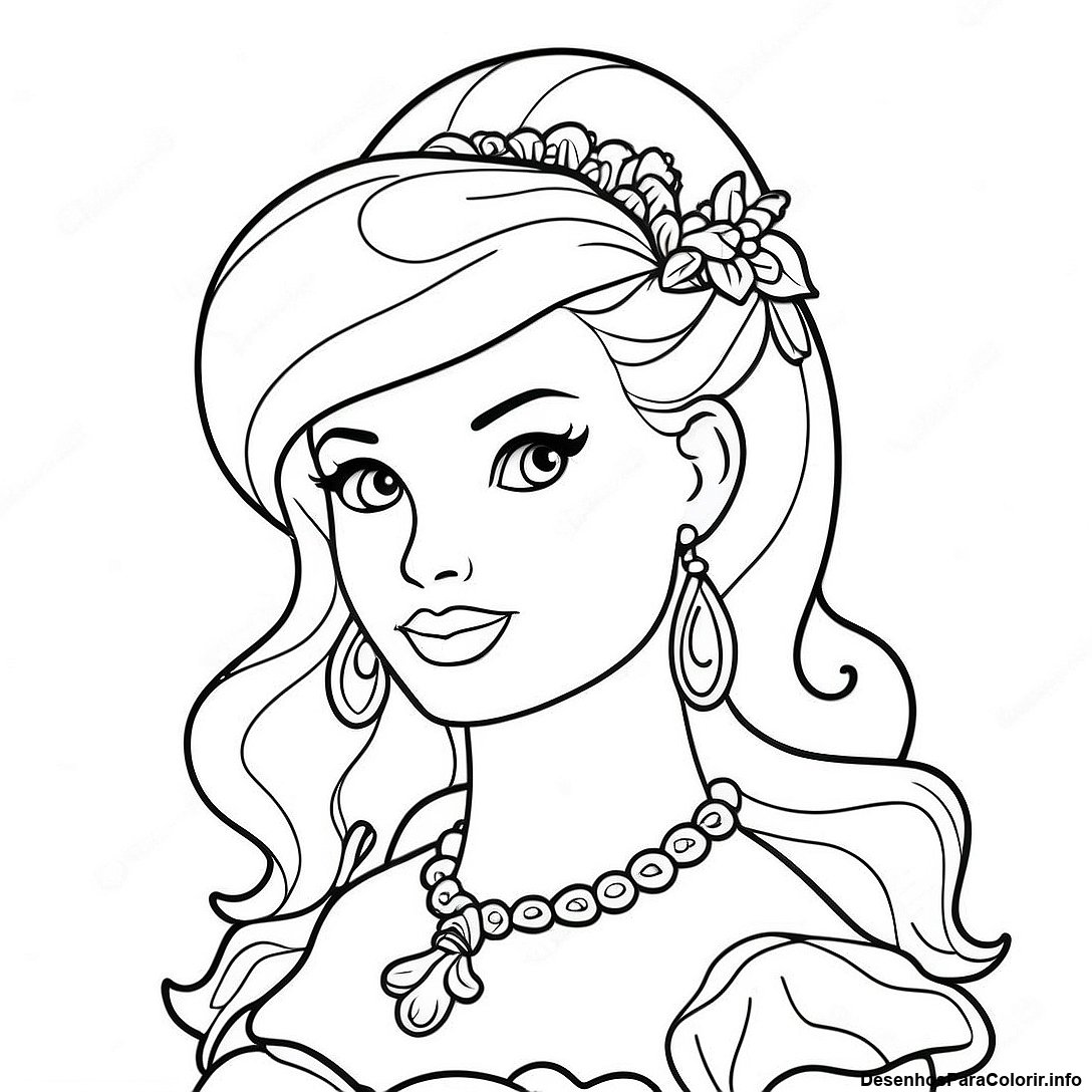 Página de colorir imprimível grátis Página Para Colorir De Cabeça Da Barbie Vintage da coleção Princesas — desenho em preto e branco para crianças e adultos.