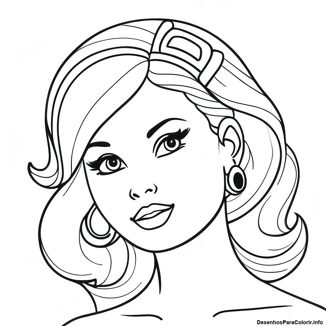 Página de colorir imprimível grátis Página Para Colorir De Cabeça Da Barbie Vintage da coleção Princesas — desenho em preto e branco para crianças e adultos.