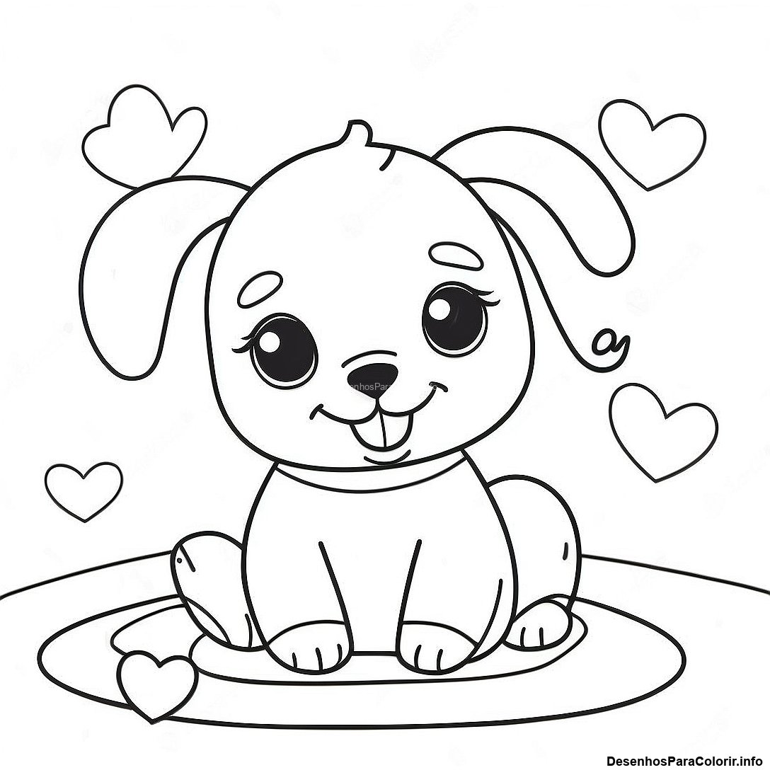 Página de colorir imprimível grátis Página Para Colorir De Cachorrinho Brincalhão Cercado Por Corações De Amor da coleção Animais — desenho em preto e branco para crianças e adultos.