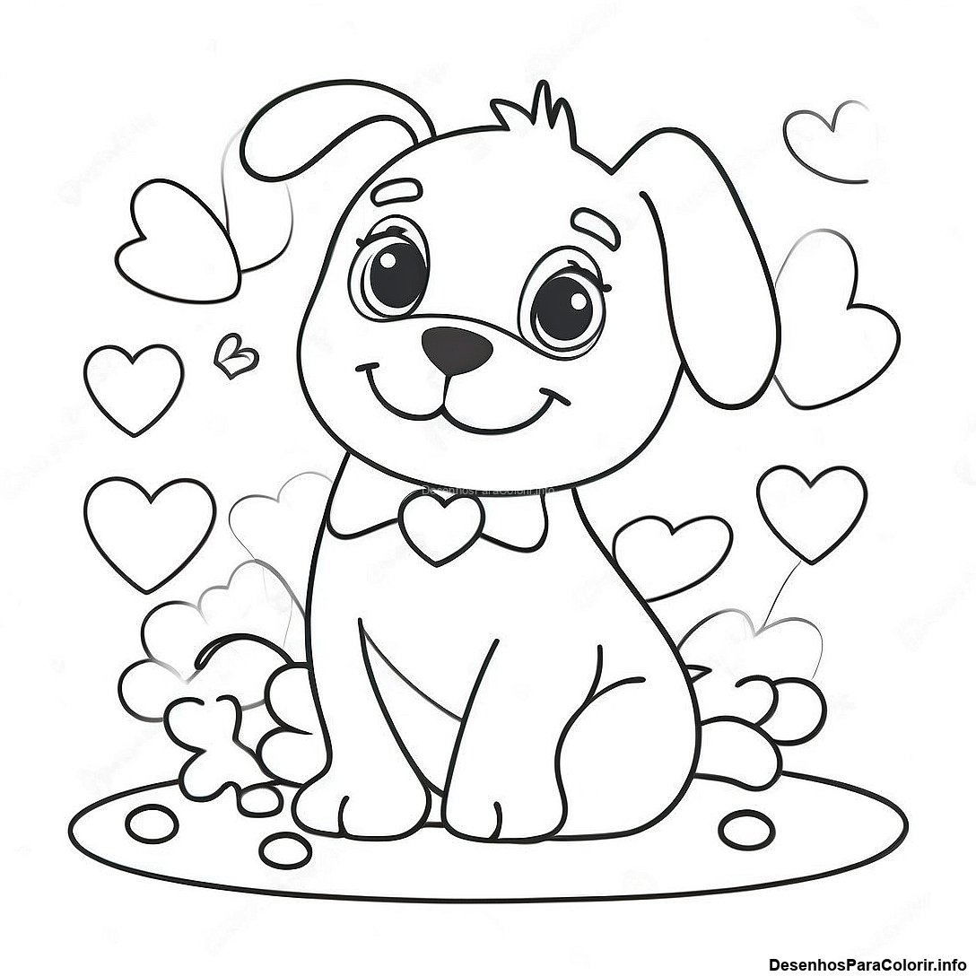 Página de colorir imprimível grátis Página Para Colorir De Cachorrinho Brincalhão Cercado Por Corações De Amor da coleção Animais — desenho em preto e branco para crianças e adultos.