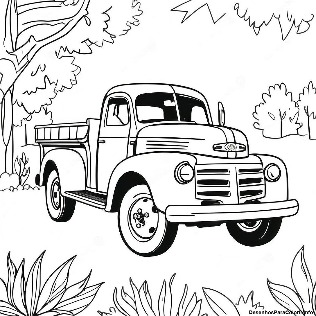 Página de colorir imprimível grátis Página Para Colorir De Caminhão Vintage da coleção Carros — desenho em preto e branco para crianças e adultos.