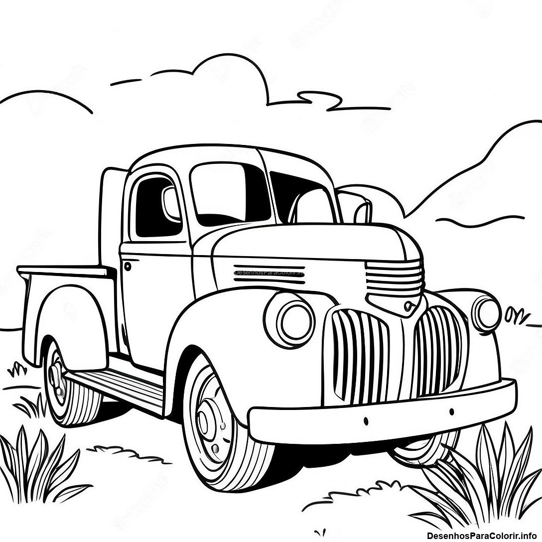 Página de colorir imprimível grátis Página Para Colorir De Caminhão Vintage da coleção Carros — desenho em preto e branco para crianças e adultos.