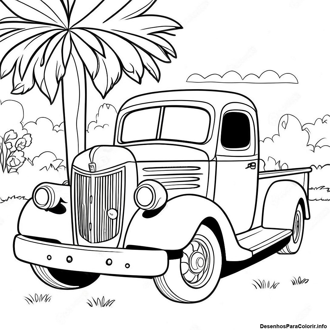 Página de colorir imprimível grátis Página Para Colorir De Caminhão Vintage da coleção Carros — desenho em preto e branco para crianças e adultos.