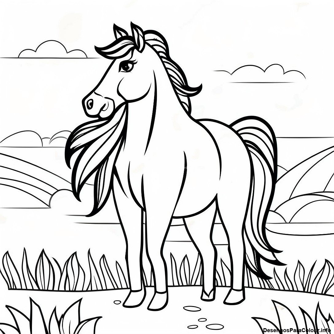 Página de colorir imprimível grátis Página Para Colorir De Cavalo Selvagem Realista da coleção Animais — desenho em preto e branco para crianças e adultos.