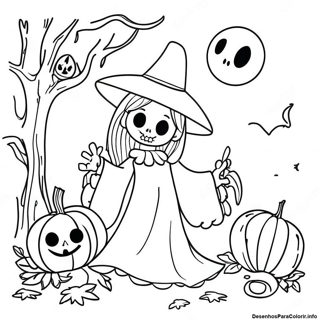Página de colorir imprimível grátis Página Para Colorir De Cena De Halloween Vintage Assustadora da coleção Halloween — desenho em preto e branco para crianças e adultos.