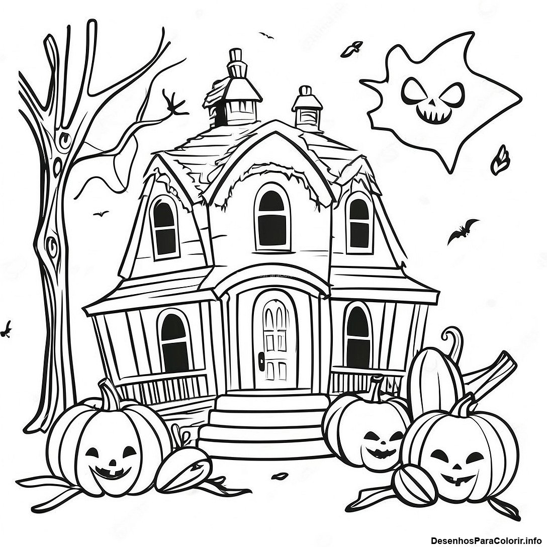 Página de colorir imprimível grátis Página Para Colorir De Cena De Halloween Vintage Assustadora da coleção Halloween — desenho em preto e branco para crianças e adultos.