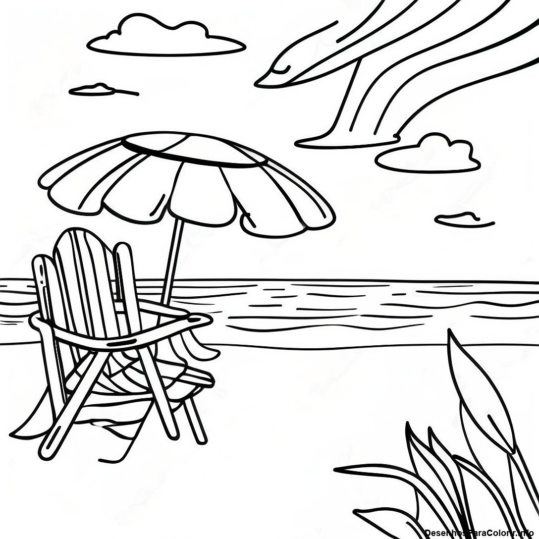 Página de colorir imprimível grátis Página Para Colorir De Cena Realista De Praia da coleção Natureza — desenho em preto e branco para crianças e adultos.