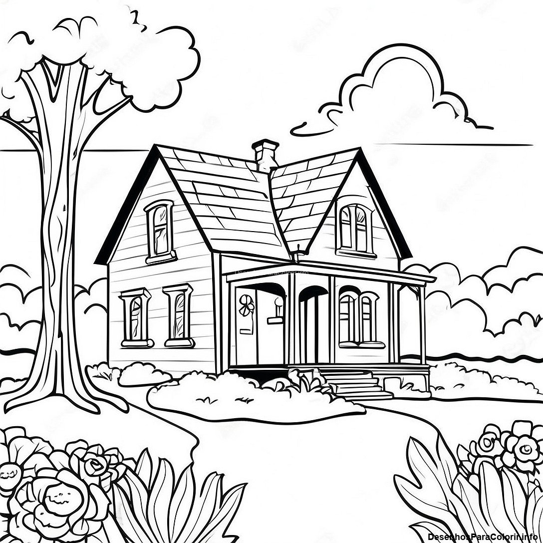 Página de colorir imprimível grátis Página Para Colorir De Cena Vintage De Casa De Campo da coleção Natureza — desenho em preto e branco para crianças e adultos.