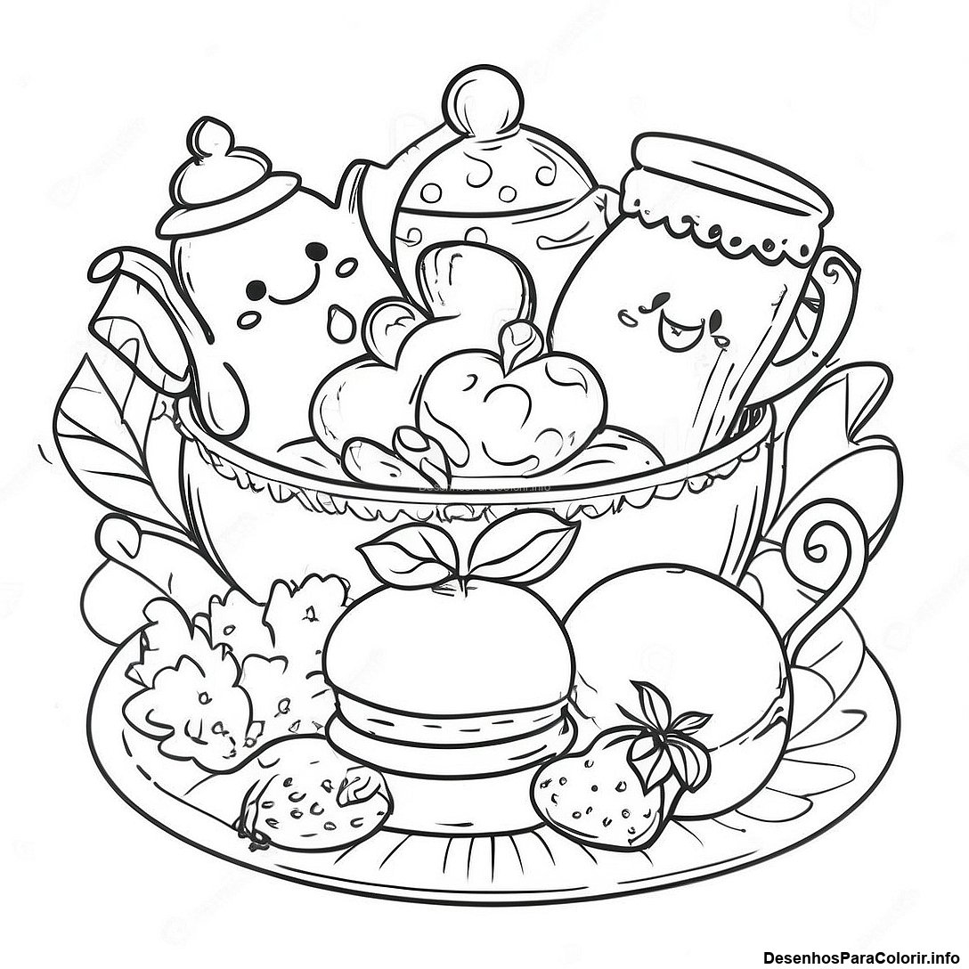 Página de colorir imprimível grátis Página Para Colorir De Cena Vintage De Chá Da Tarde da coleção Diversos — desenho em preto e branco para crianças e adultos.