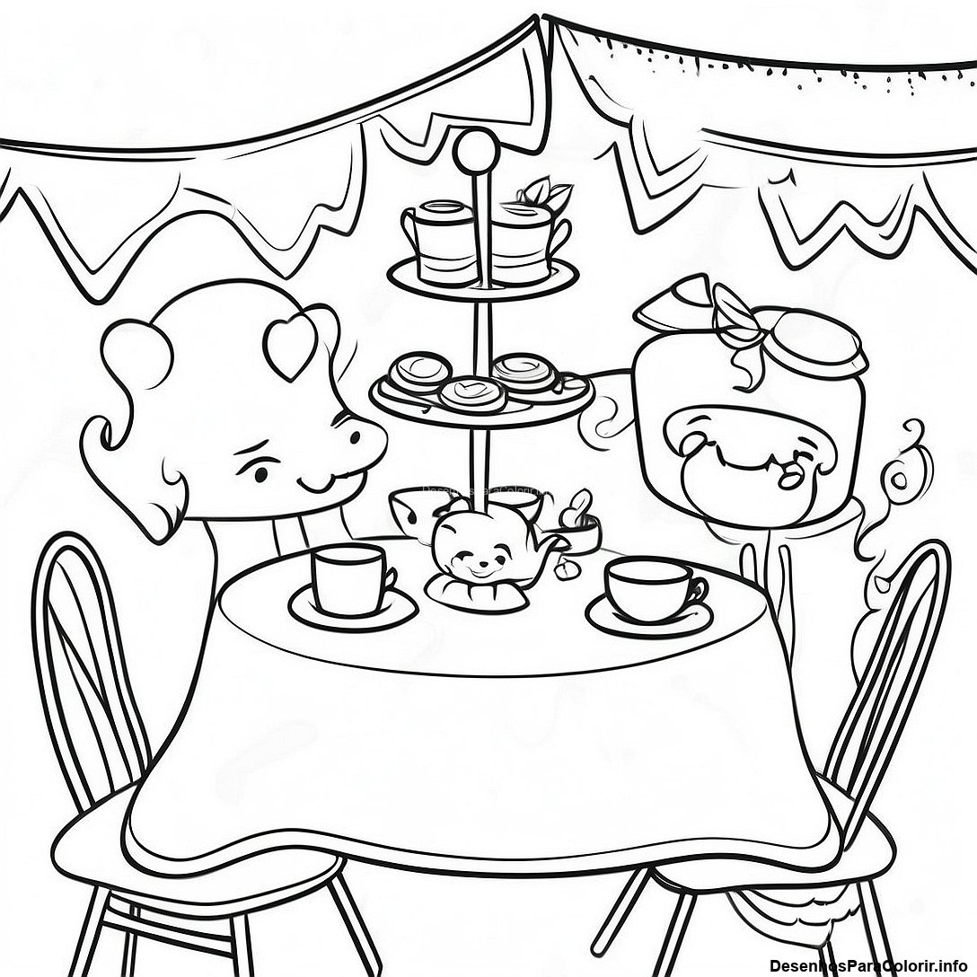 Página de colorir imprimível grátis Página Para Colorir De Cena Vintage De Chá Da Tarde da coleção Diversos — desenho em preto e branco para crianças e adultos.
