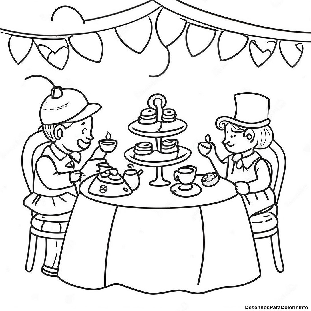 Página de colorir imprimível grátis Página Para Colorir De Cena Vintage De Chá Da Tarde da coleção Diversos — desenho em preto e branco para crianças e adultos.