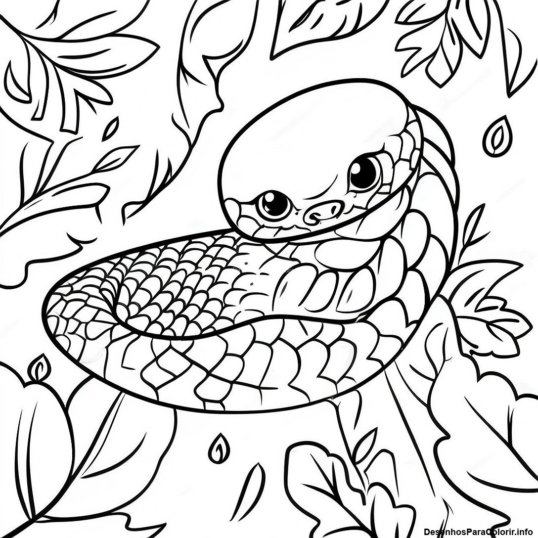 Página de colorir imprimível grátis Página Para Colorir De Cobra Realista Da Selva Camuflada Nas Folhas da coleção Animais — desenho em preto e branco para crianças e adultos.