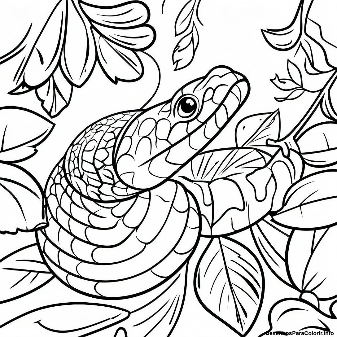 Página de colorir imprimível grátis Página Para Colorir De Cobra Realista Da Selva Camuflada Nas Folhas da coleção Animais — desenho em preto e branco para crianças e adultos.