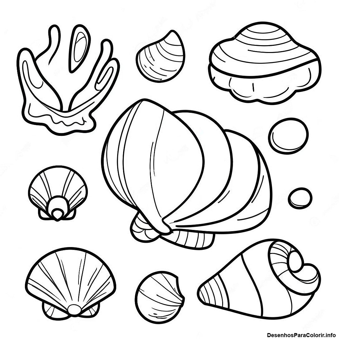Página de colorir imprimível grátis Página Para Colorir De Conchas Do Oceano Realistas da coleção Natureza — desenho em preto e branco para crianças e adultos.