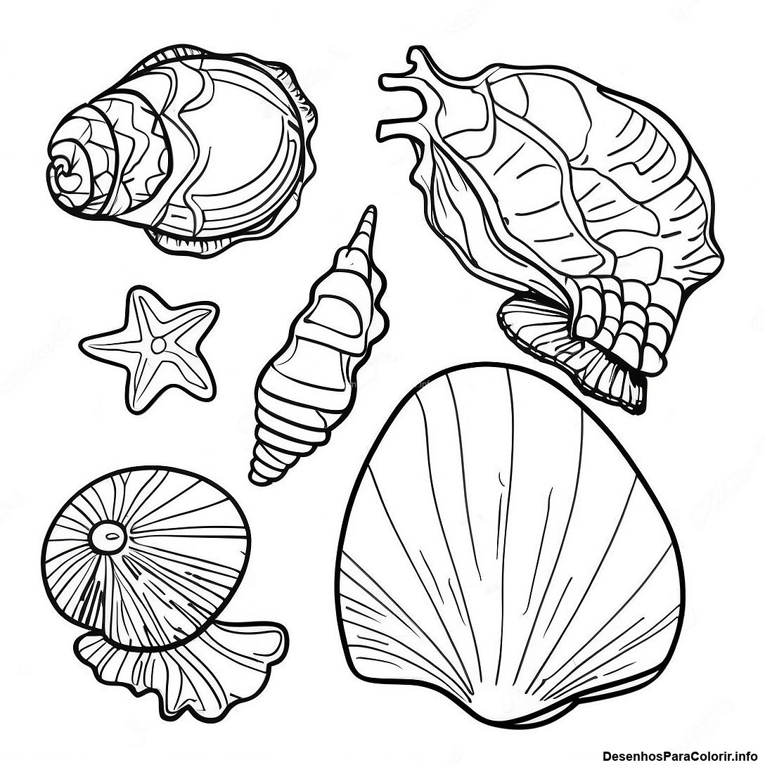 Página de colorir imprimível grátis Página Para Colorir De Conchas Do Oceano Realistas da coleção Natureza — desenho em preto e branco para crianças e adultos.