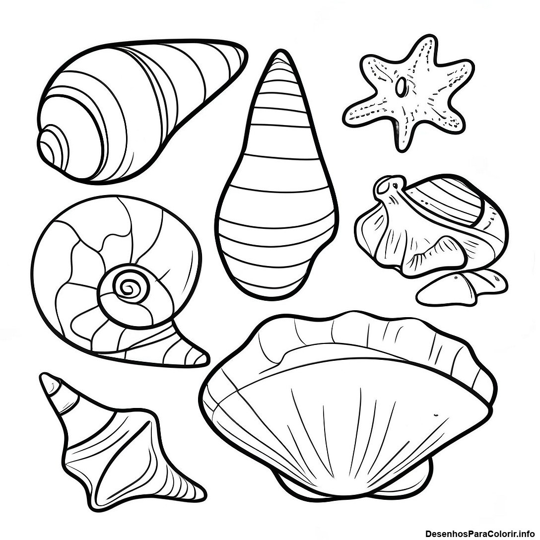 Página de colorir imprimível grátis Página Para Colorir De Conchas Do Oceano Realistas da coleção Natureza — desenho em preto e branco para crianças e adultos.