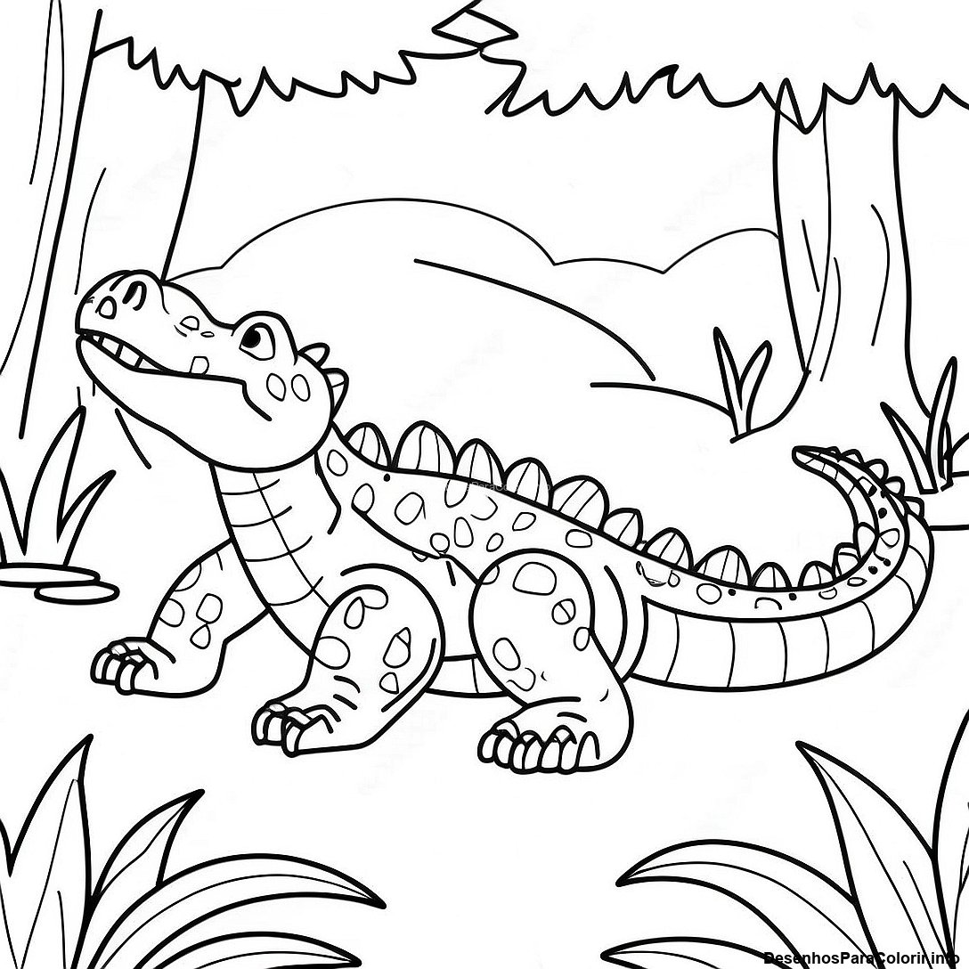 Página de colorir imprimível grátis Página Para Colorir De Crocodilo Realista Na Selva da coleção Animais — desenho em preto e branco para crianças e adultos.