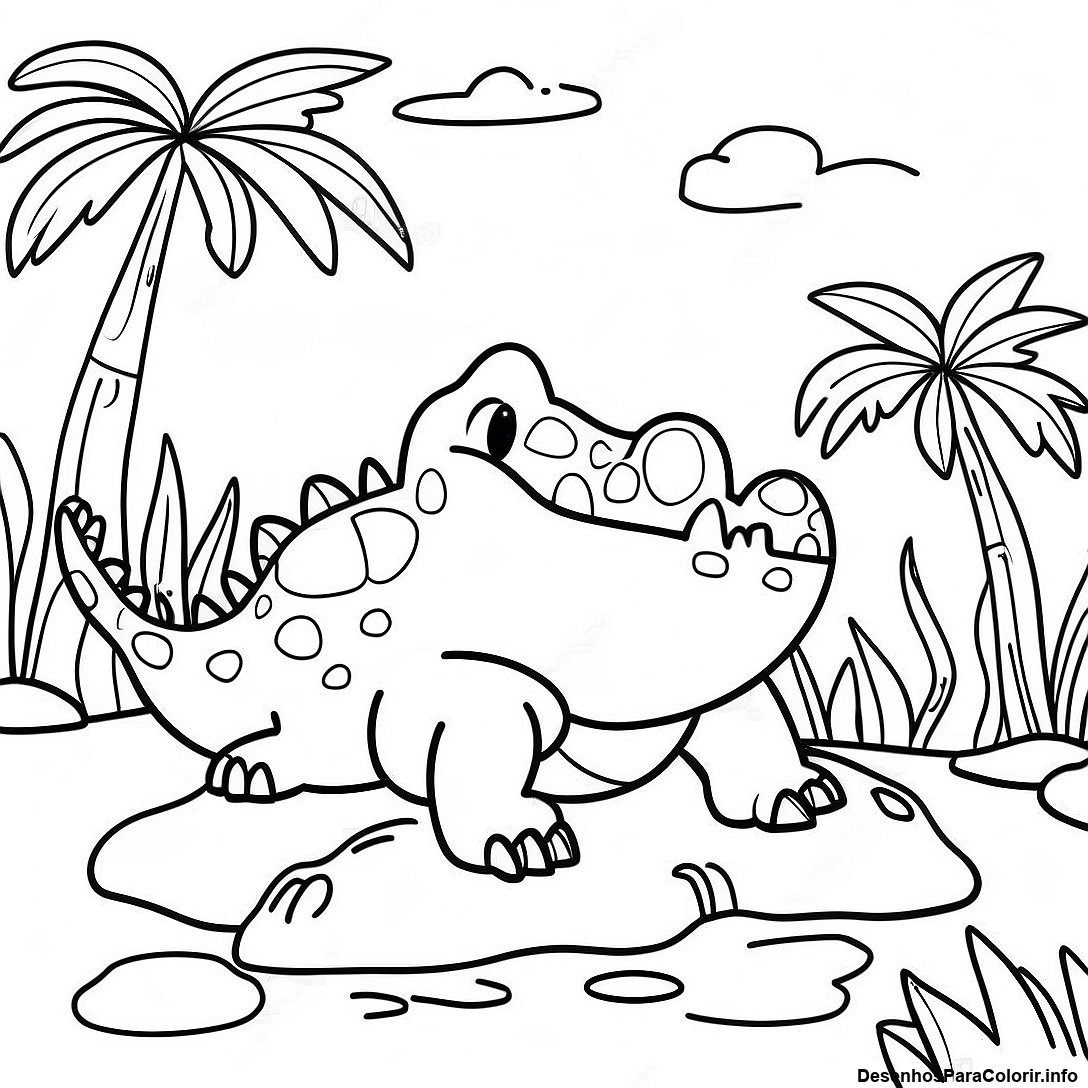 Página de colorir imprimível grátis Página Para Colorir De Crocodilo Realista Na Selva da coleção Animais — desenho em preto e branco para crianças e adultos.